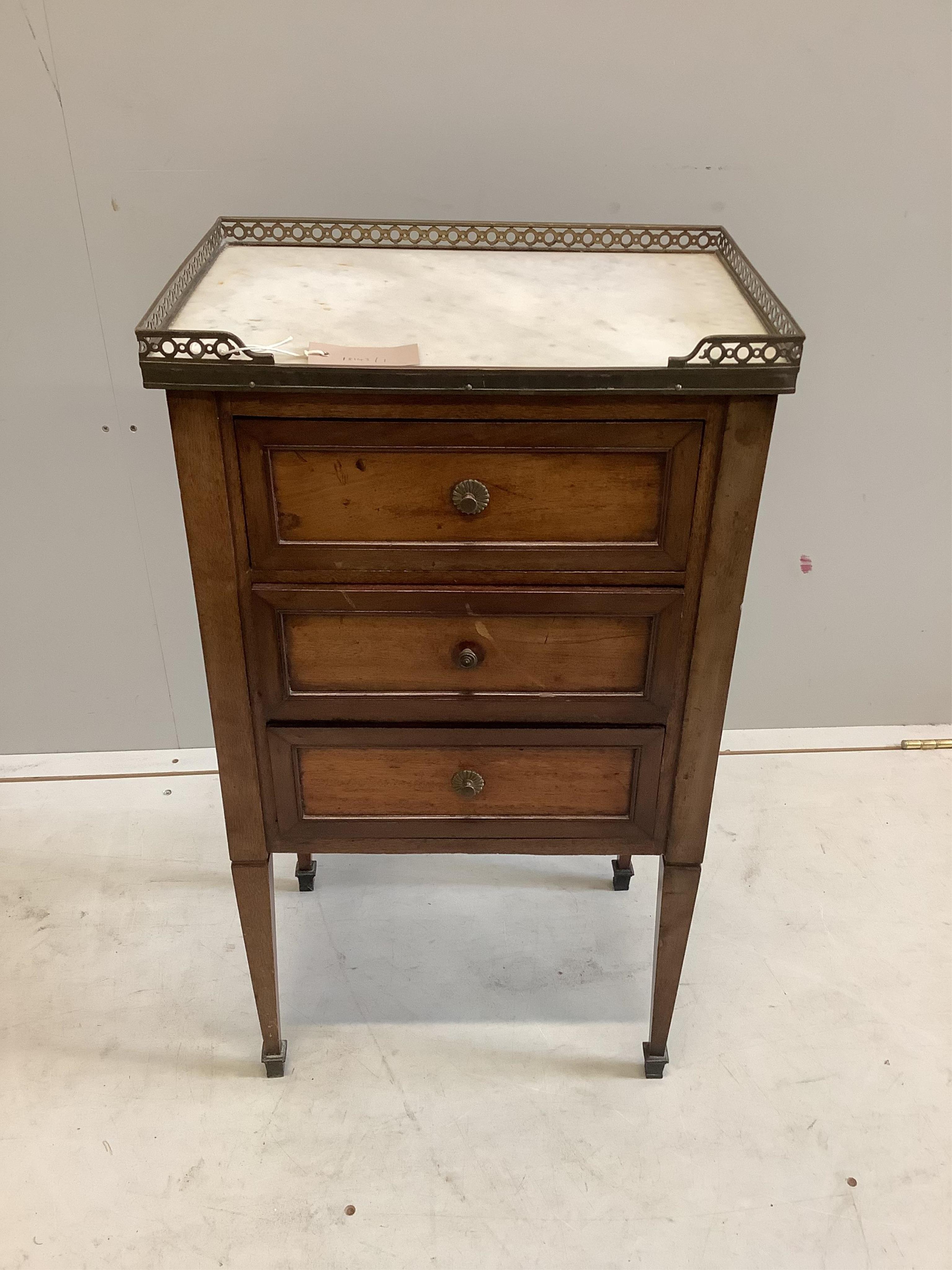A French marble top three drawer bedside chest, width 41cm, depth 29cm, height 73cm